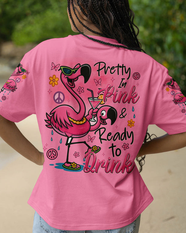 Pretty in Pink & Ready to Drink - Flamingo in Cocktail Party Graphic for Women - AOP Shirts QT5092701