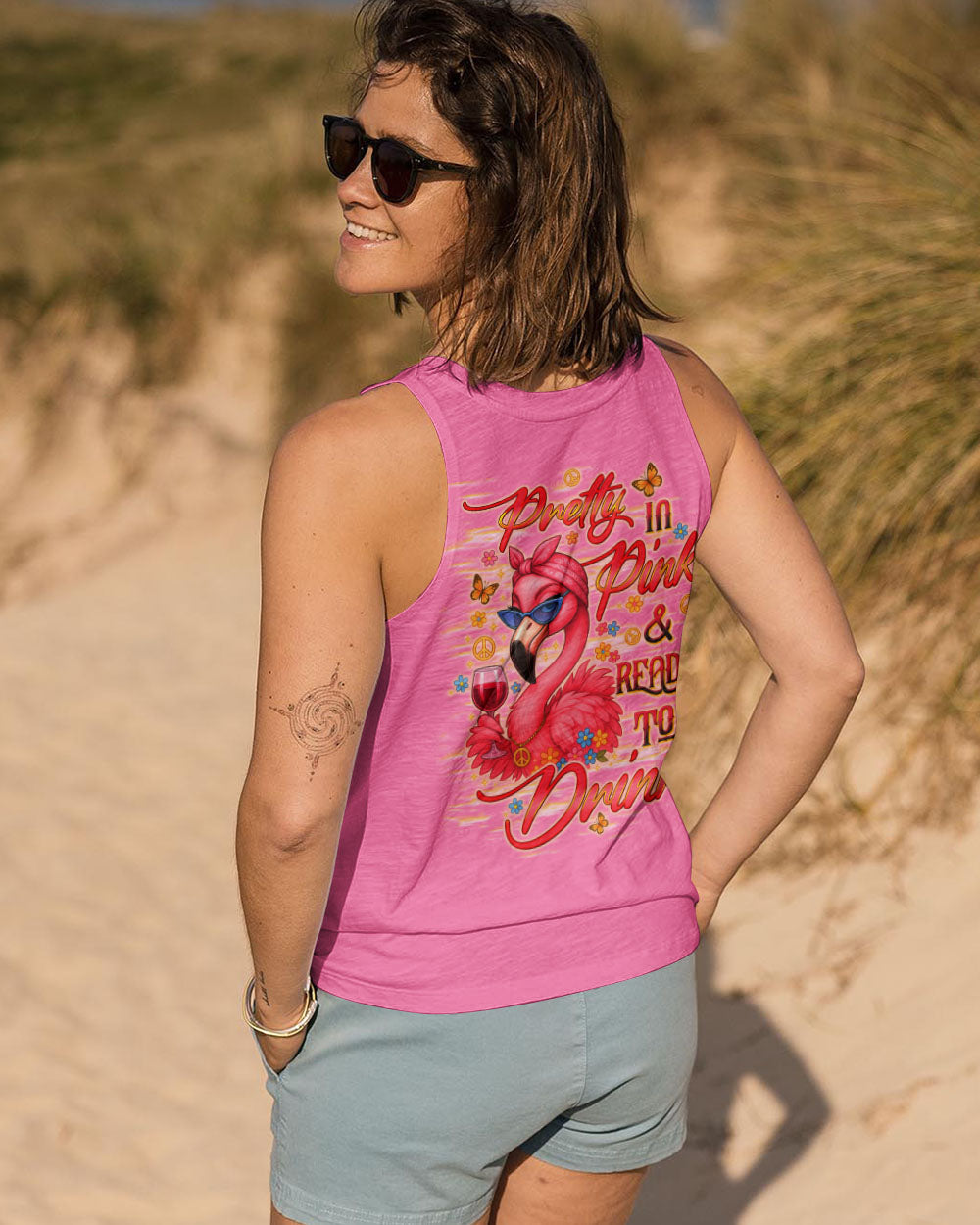 Pretty in Pink _26 Ready to Drink Flamingo with Wine Graphic for Women AOP Shirts _14_ YTDny