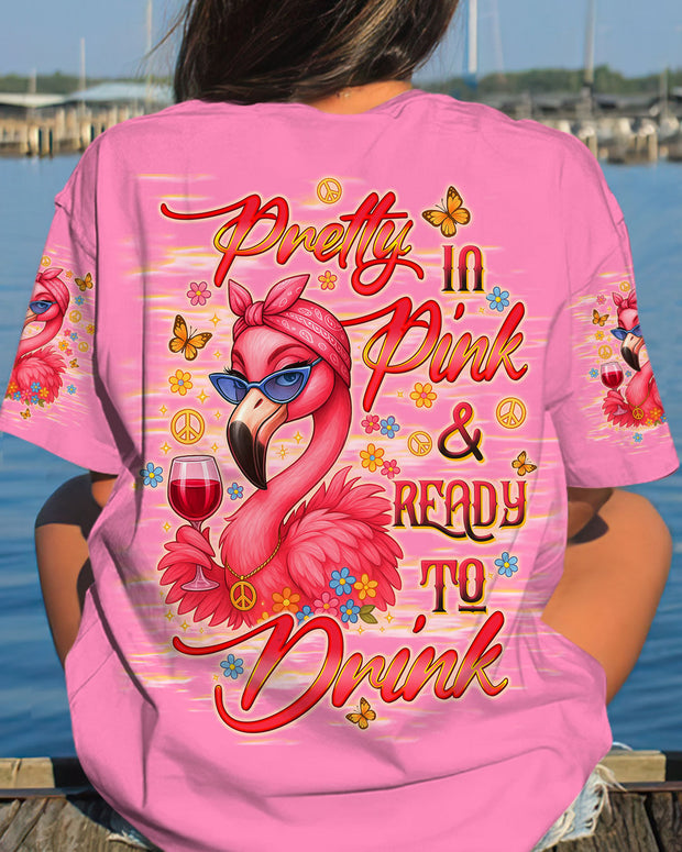 Pretty in Pink & Ready to Drink - Flamingo with Wine Graphic for Women - AOP Shirts QT6051401