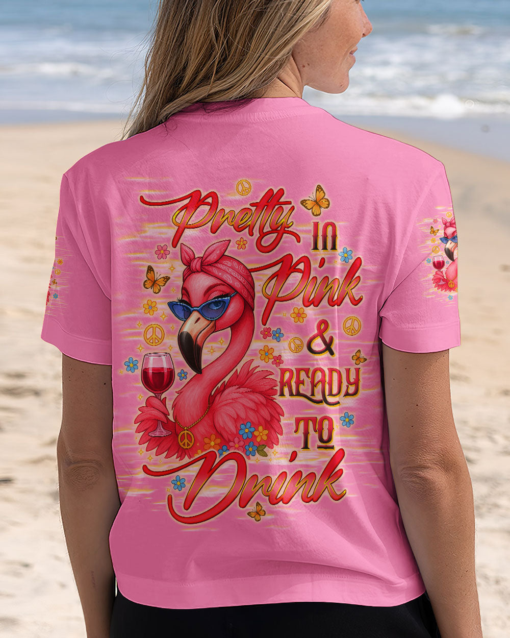 Pretty in Pink _26 Ready to Drink Flamingo with Wine Graphic for Women AOP Shirts _6_ 2jaFv