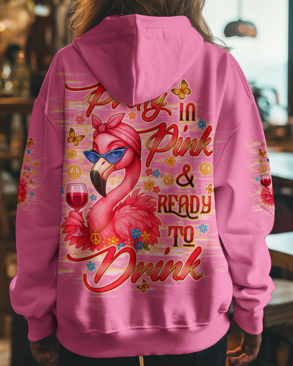 Pretty in Pink _26 Ready to Drink Flamingo with Wine Graphic for Women AOP Shirts _8_ Y8eAL