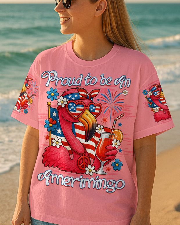 Proud to Be an Amerimingo - Flamingo USA Flag Funny Summer - AOP Shirts