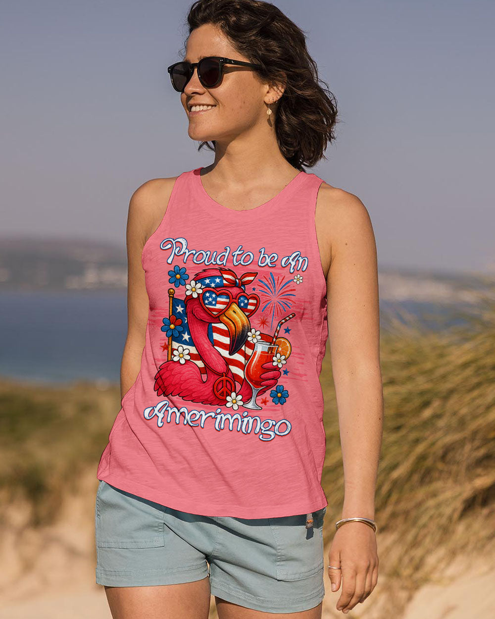 Proud to Be an Amerimingo Flamingo USA Flag Funny Summer AOP Shirts _7_ HAfx0