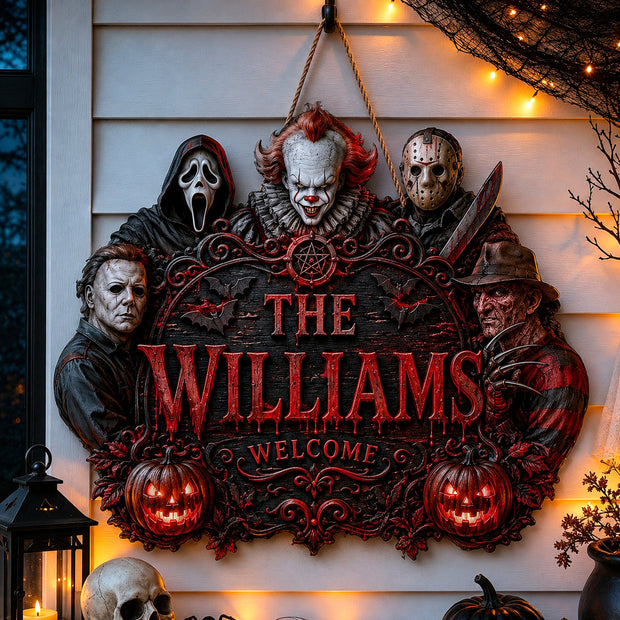 Halloween Horror Characters Welcome Sign - Personalized Wood Sign - Halloween Gift For Family, Horror Fans