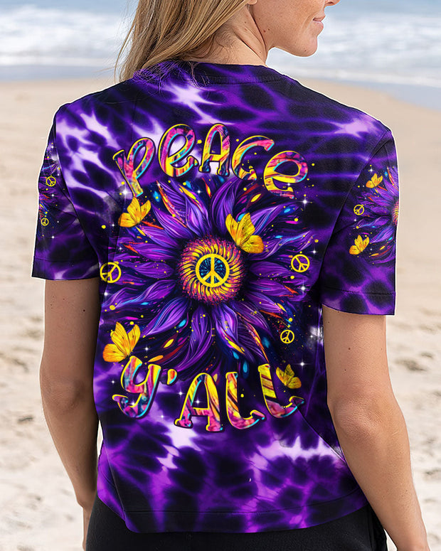 Retro Peace Y'all - Purple Tie Dye Sunflower Hippie Graphic - AOP Shirts