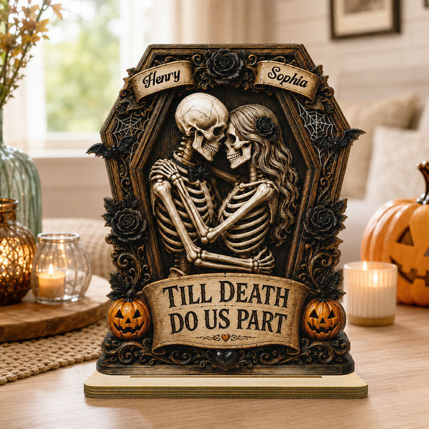 Till Death Do Us Part Skeleton Couple In Coffin   - Personalized 2-Layered Wooden Plaque  - Gift For Halloween