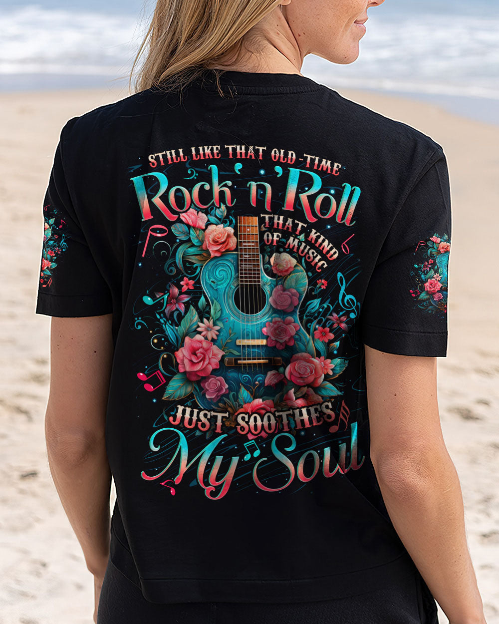 Rock and Roll Soothes My Soul Floral Guitar and Music Quote AOP Shirts _3_ Ecynm
