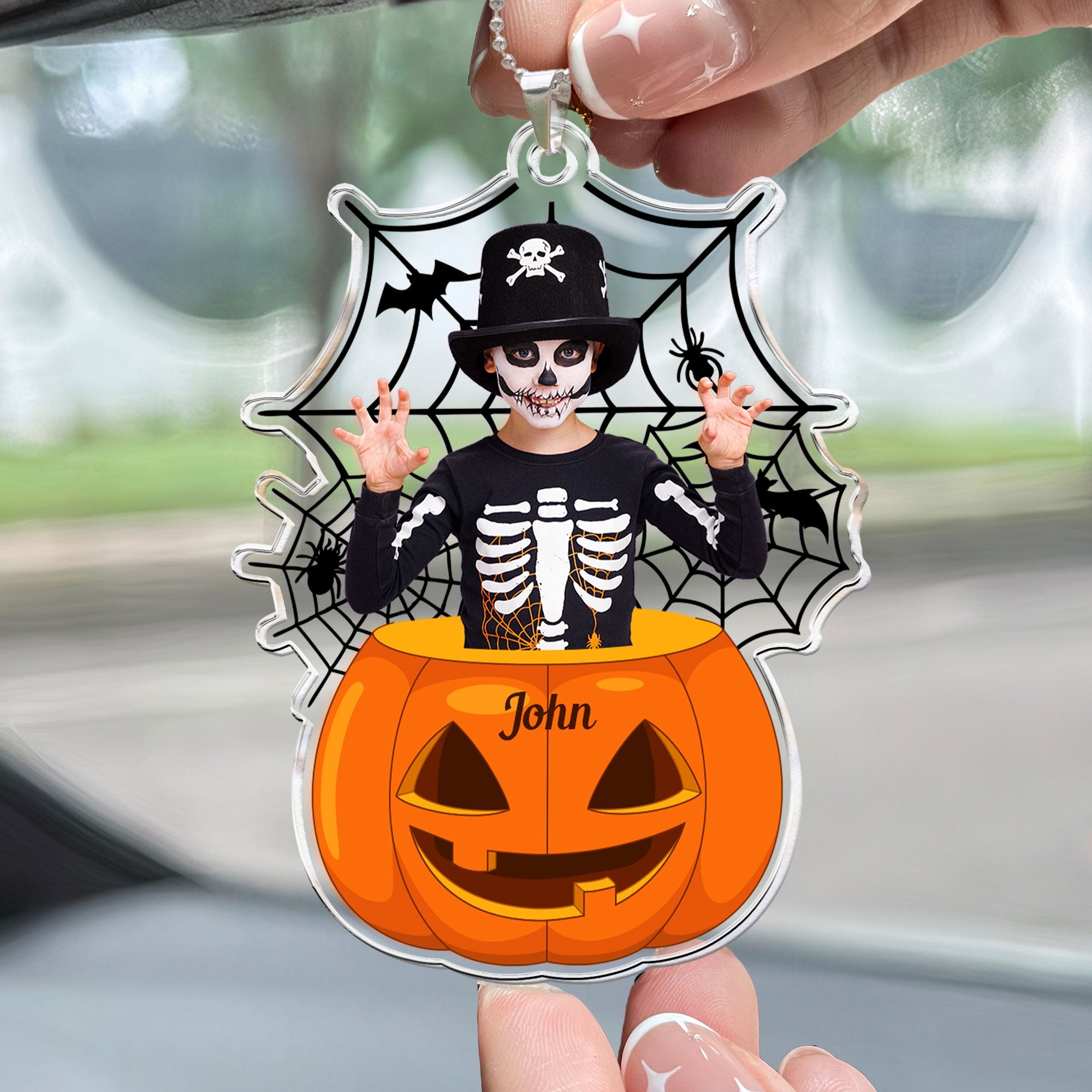 Scary Monster Kid In The Pumpkin Halloween Gift Personalized Car Ornament_2