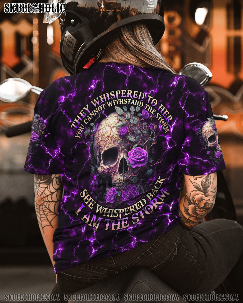 She Whispered Back I Am the Storm Purple Lightning Skull and Rose Graphic AOP Shirts _12_ GQ8H3