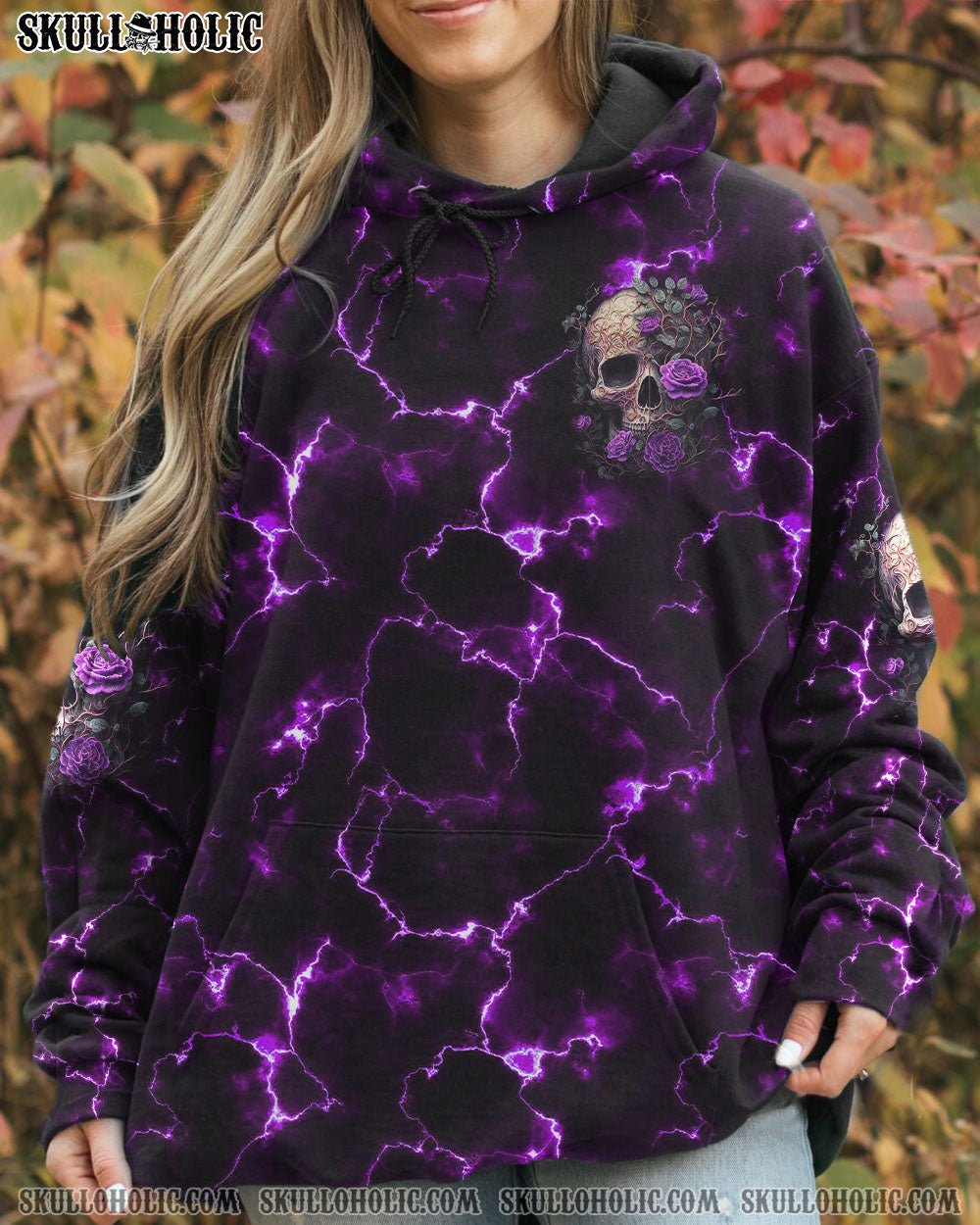 She Whispered Back I Am the Storm Purple Lightning Skull and Rose Graphic AOP Shirts _5_ 9YEq2