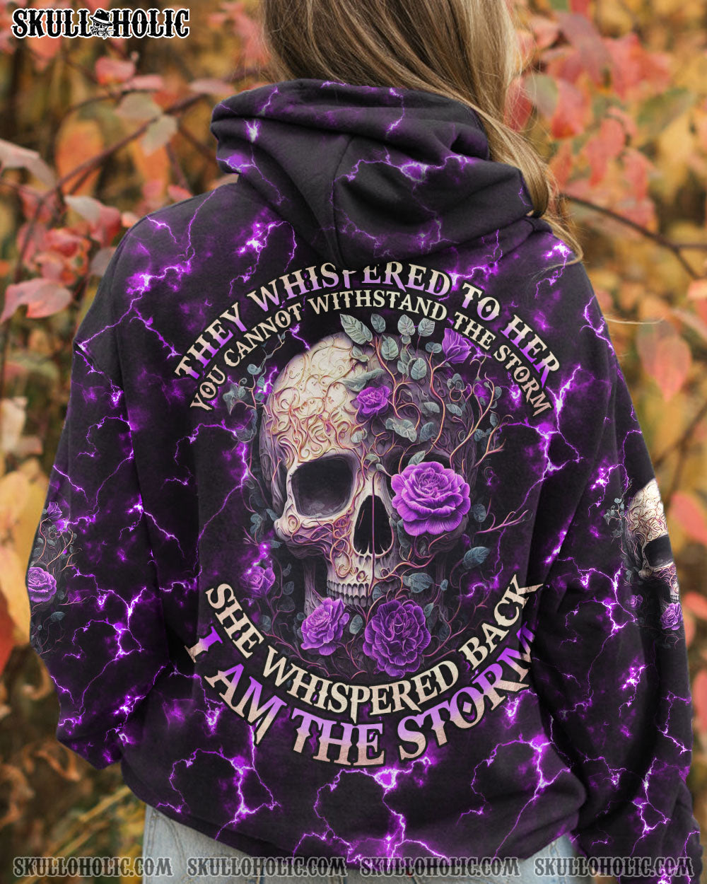 She Whispered Back I Am the Storm Purple Lightning Skull and Rose Graphic AOP Shirts _6_ 7ViEK