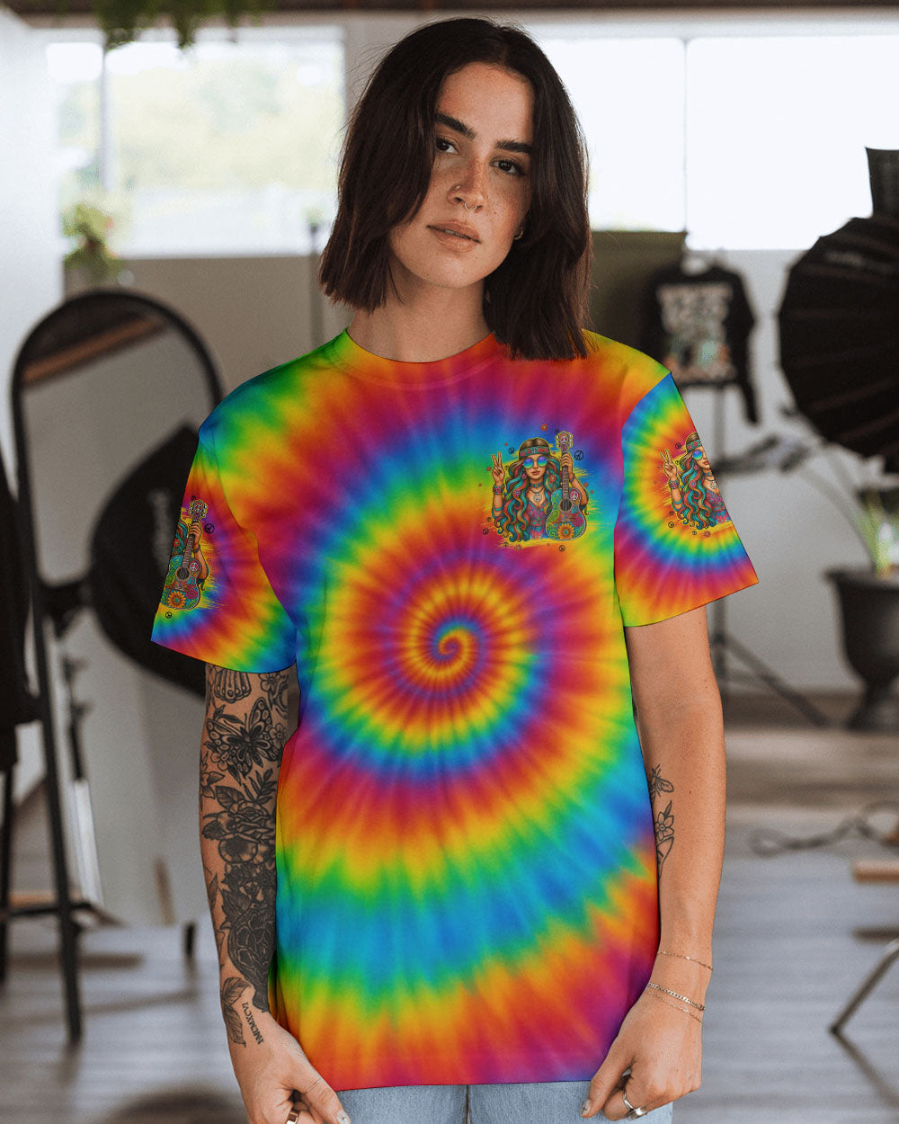 She is Sunshine Just Like a Rainbow After the Rain Tie Dye Hippie Girl AOP Shirts _15_ T1G8q