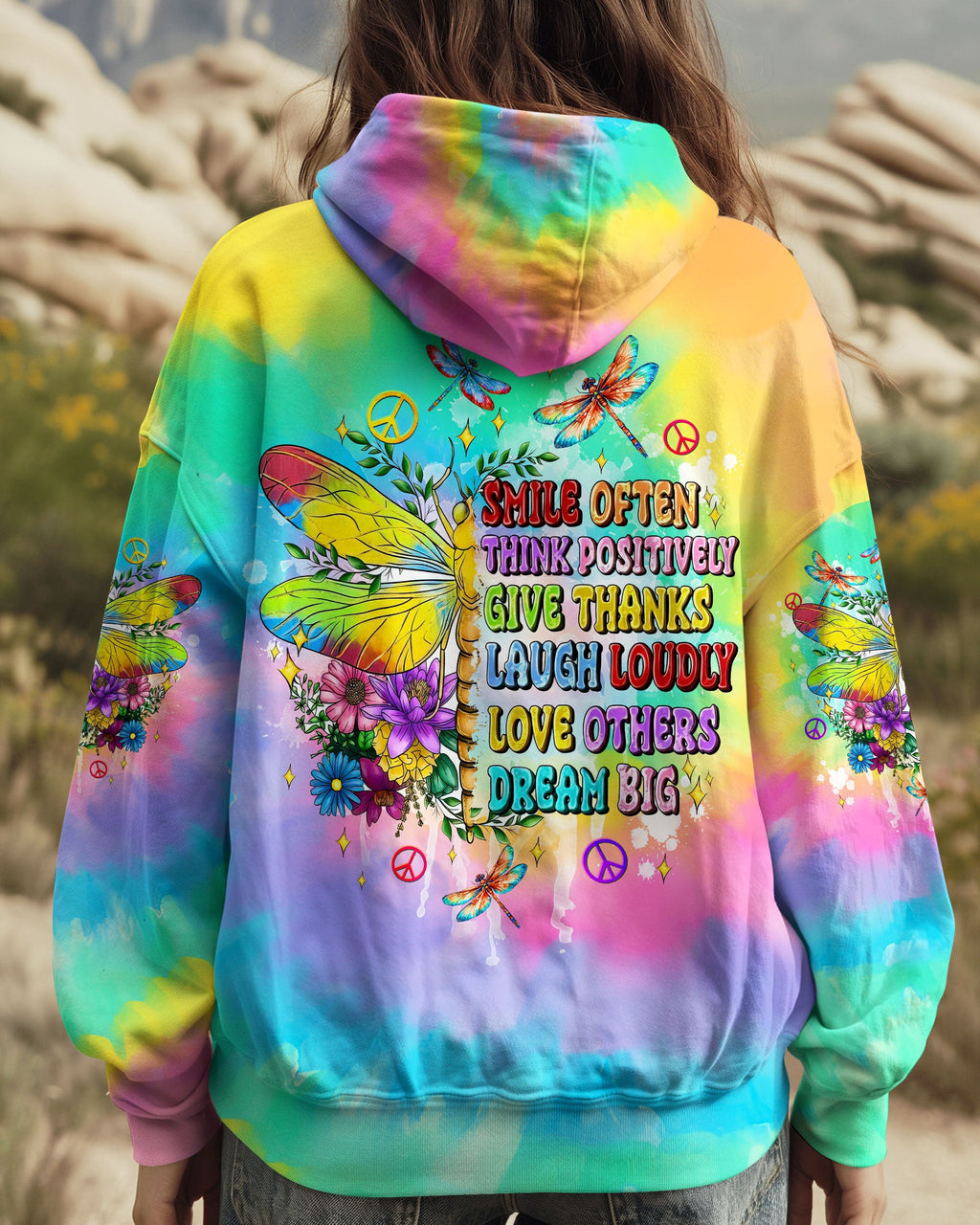 Smile Often Dream Big Rainbow Tie Dye Positive Quote Hippie Motivational AOP Shirts _1_ PaIcy