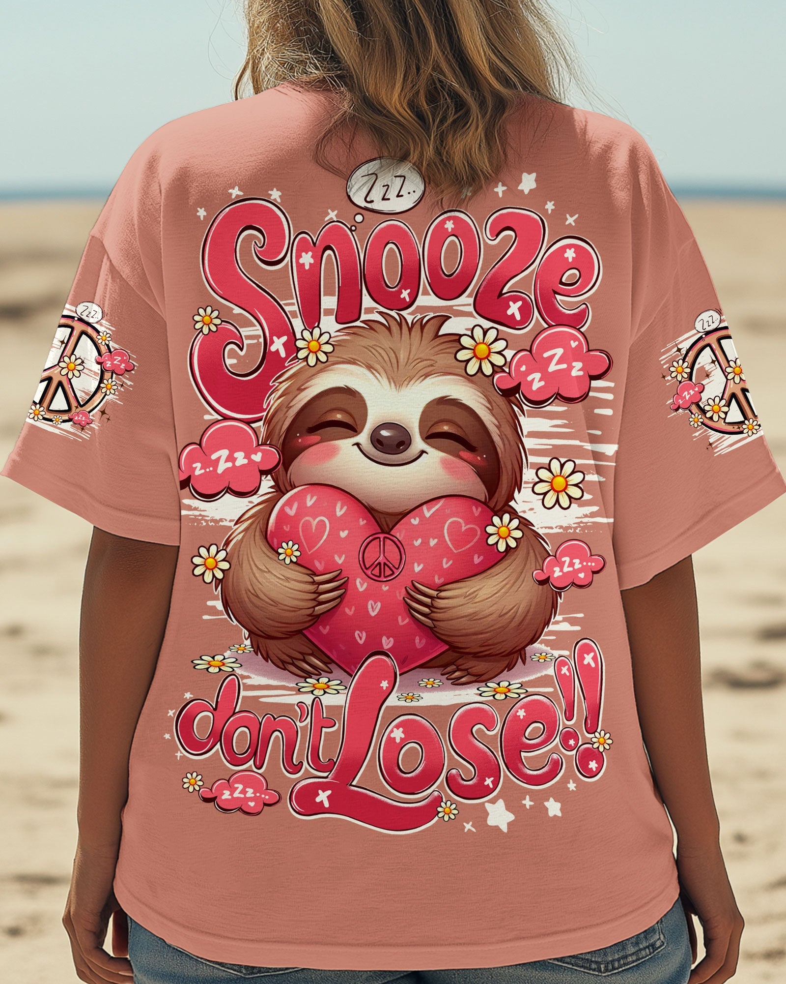 Snooze Dont Lose Sloth Cute Peaceful Sloth with Heart _26 Flowers Design AOP Shirts _1_ S7drg