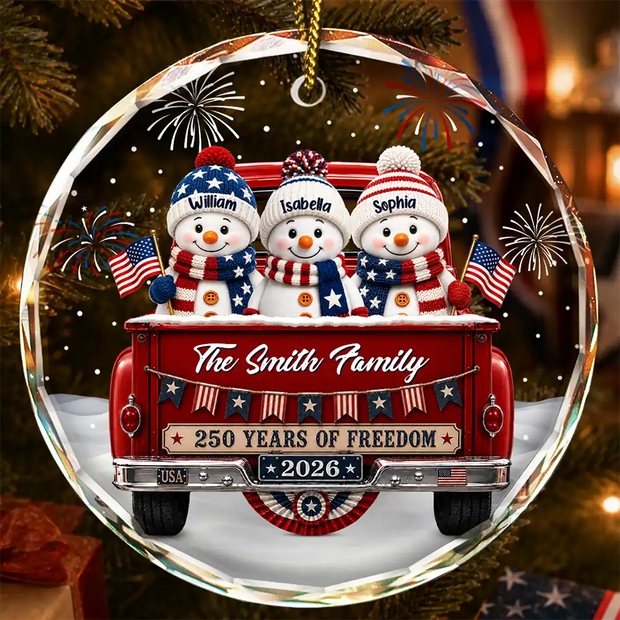 Snowman 250 Years Of Freedom - Personalized Round Glass Ornament - Chrismas Gift For Family
