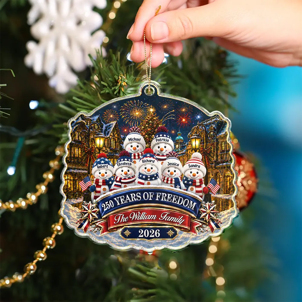 SnowmanFamily250YearsOfFreedomAnniversary PersonalizedCustomShapedAcrylicOrnament AT2326 NAH6237 MK 3