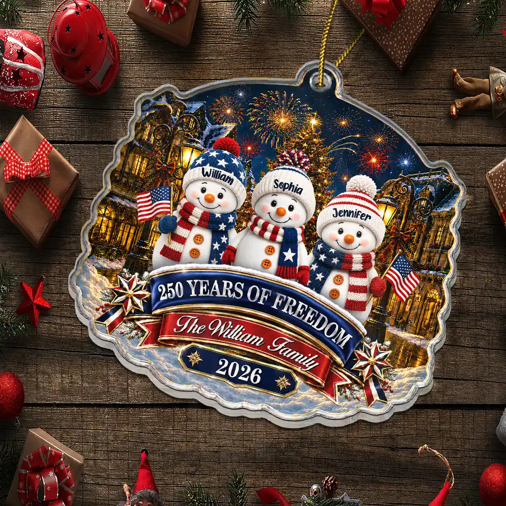 SnowmanFamily250YearsOfFreedomAnniversary PersonalizedCustomShapedAcrylicOrnament AT2326 NAH6237 MK 4