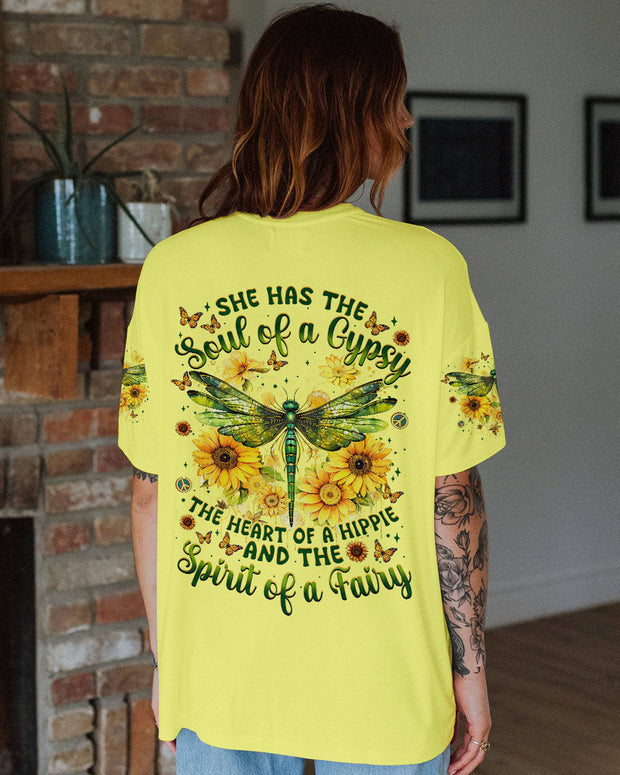 Soul of a Gypsy, Heart of Hippie, Spirit of Fairy - Dragonfly Sunflower Graphic - AOP Shirts