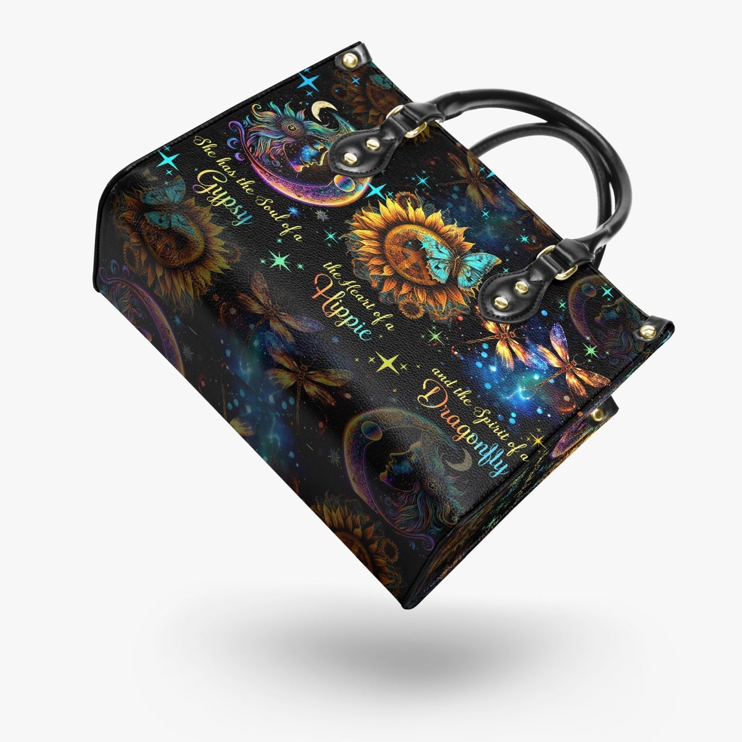 Soul of a Gypsy Heart of a Hippie Spirit of a Dragonfly Sun Moon Sunflower Leather Bag _2_ IQKR3
