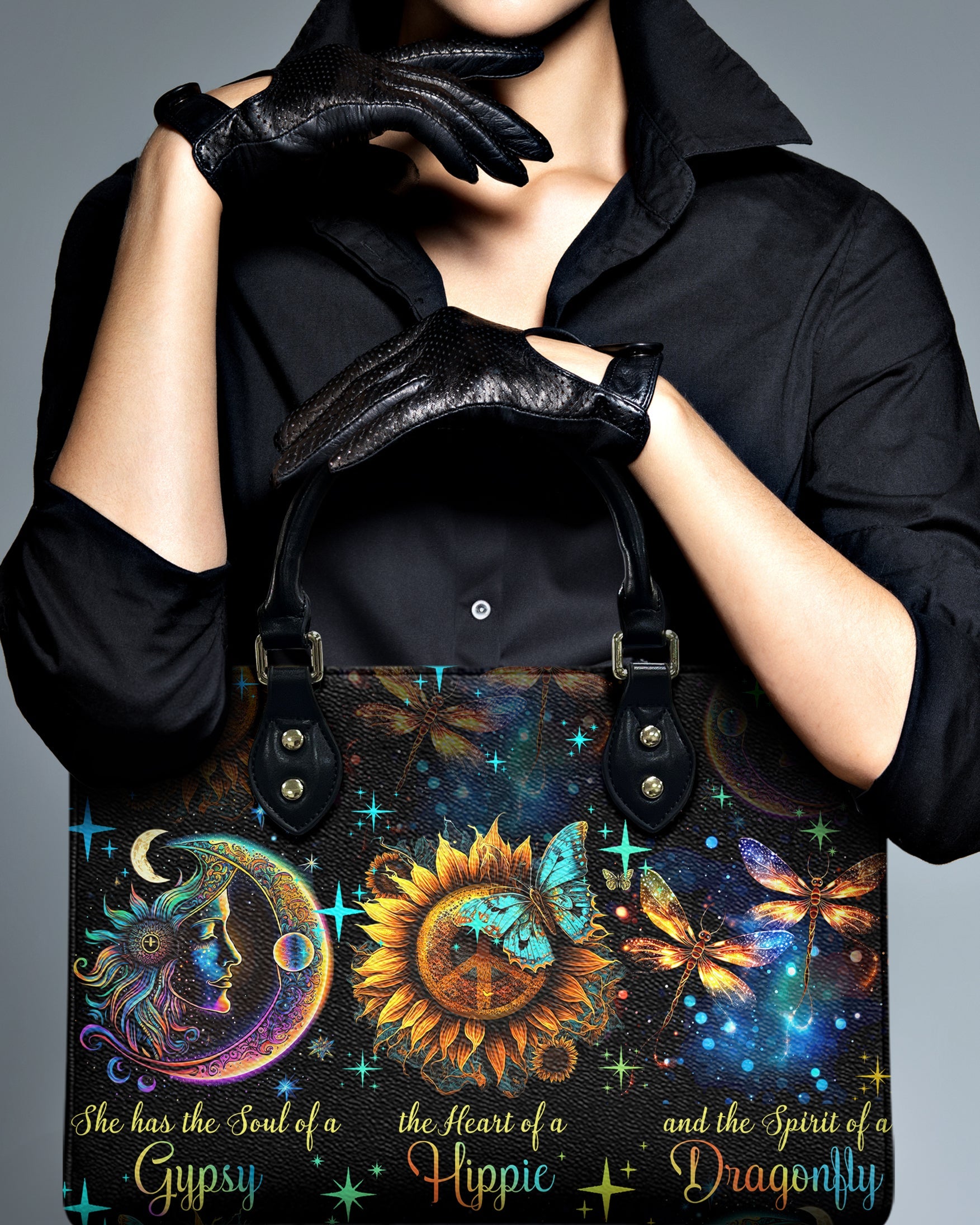 Soul of a Gypsy Heart of a Hippie Spirit of a Dragonfly Sun Moon Sunflower Leather Bag _3_ NlMx6