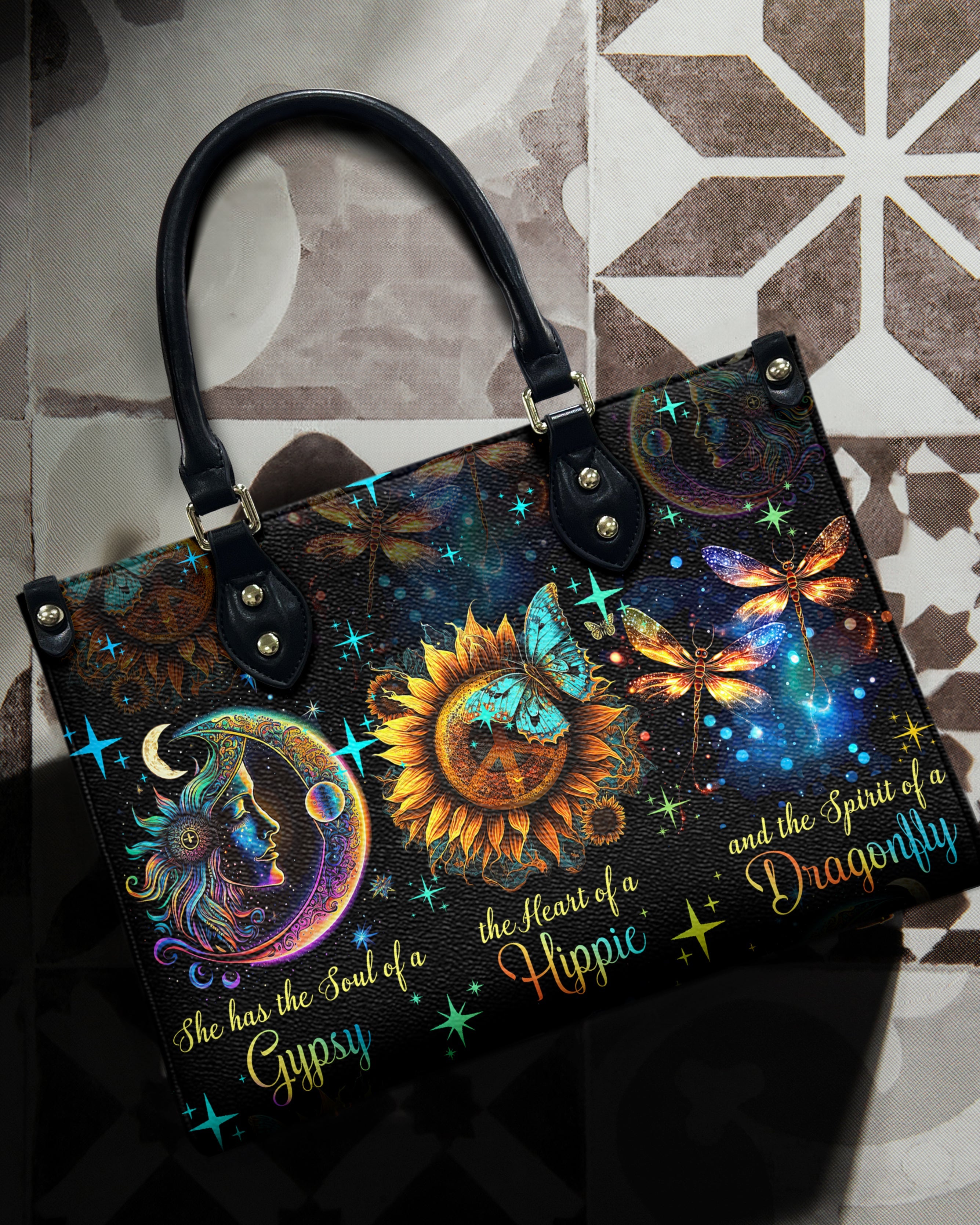 Soul of a Gypsy Heart of a Hippie Spirit of a Dragonfly Sun Moon Sunflower Leather Bag _5_ ynWLV