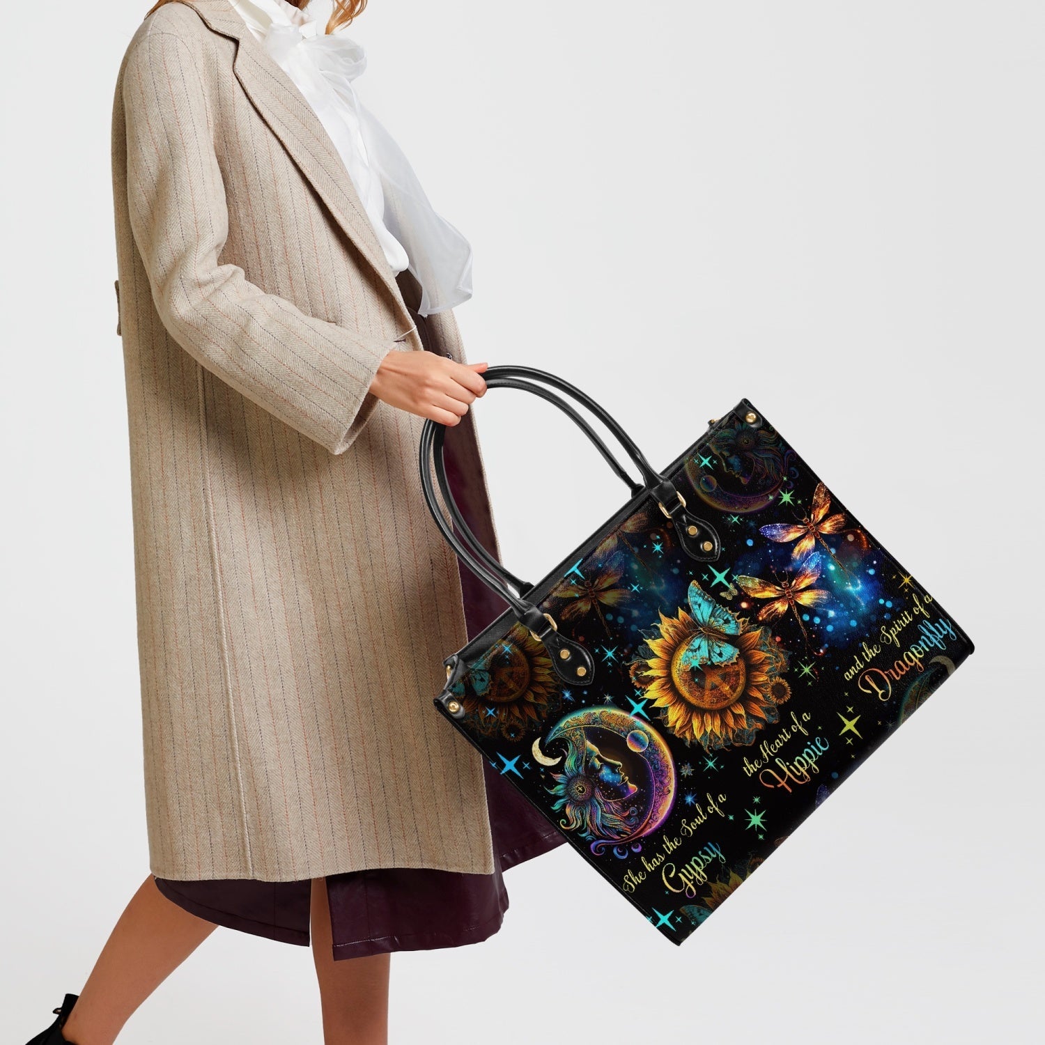 Soul of a Gypsy Heart of a Hippie Spirit of a Dragonfly Sun Moon Sunflower Leather Bag _9_ rwfGO