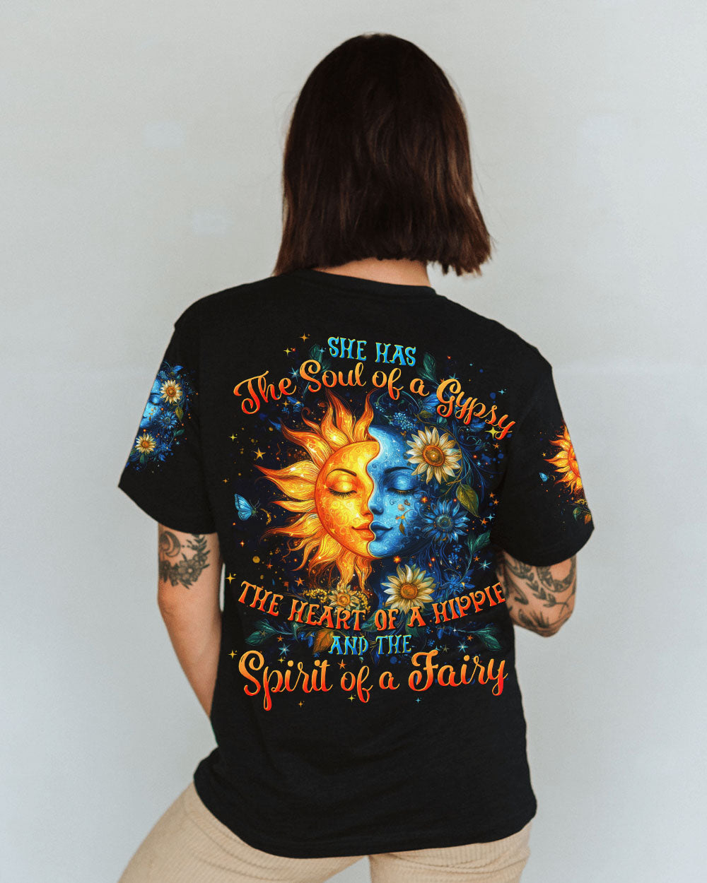 Soul of a Gypsy Heart of a Hippie Spirit of a Fairy Sun Moon Floral Graphic AOP Shirts _1_ V8vAR