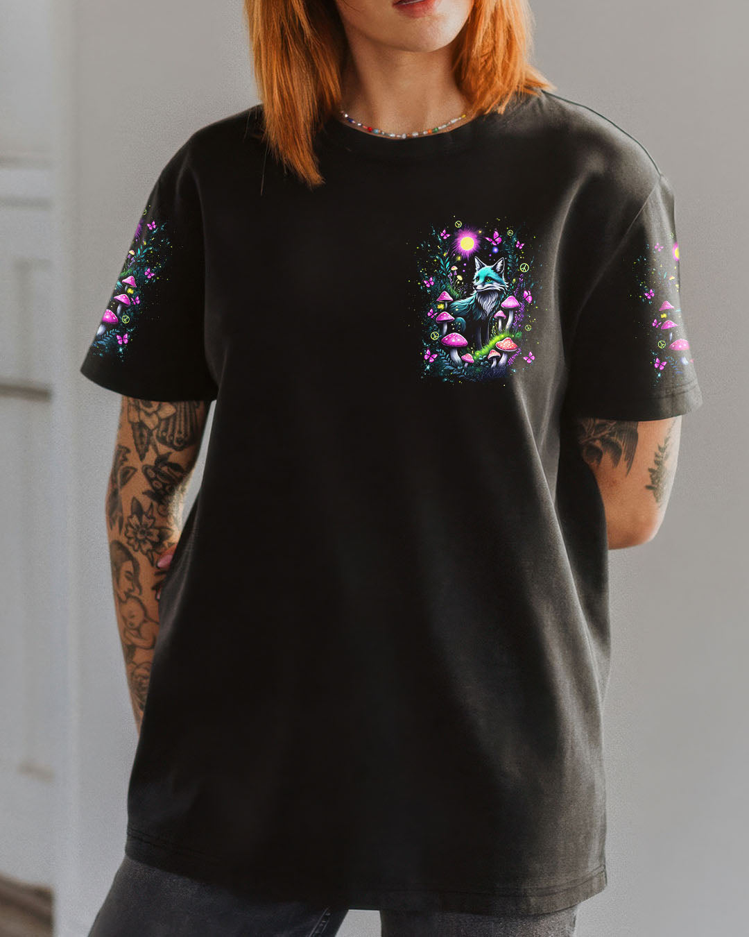 Soul of a Gypsy Heart of a Hippie Spirit of a Fox Fox with Peace _26 Mushroom Design AOP Shirts _13_ 0ffCJ