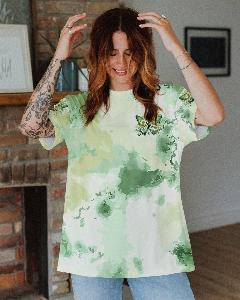 Soul of a Gypsy Heart of a Hippie the Spirit of a Fairy Green Tie Dye Butterfly Daisy AOP Shirts _12_ tFqez
