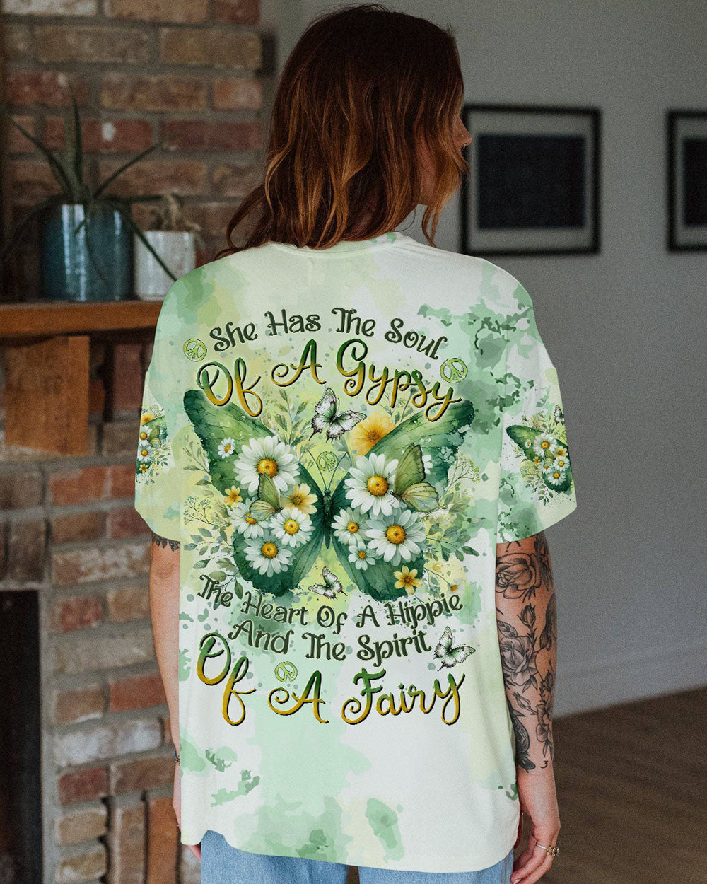 Soul of a Gypsy Heart of a Hippie the Spirit of a Fairy Green Tie Dye Butterfly Daisy AOP Shirts _13_ BBt67