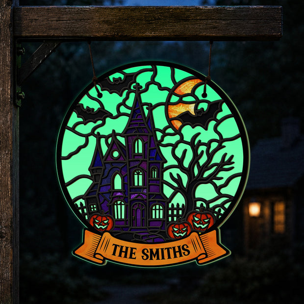 Spooky Home Decor Halloween Night - Personalized Luminous Wood Sign - Halloween Gift For Family