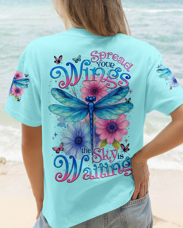 Spread Your Wings, the Sky is Waiting - Dragonfly Floral Nature Graphic - AOP Shirts