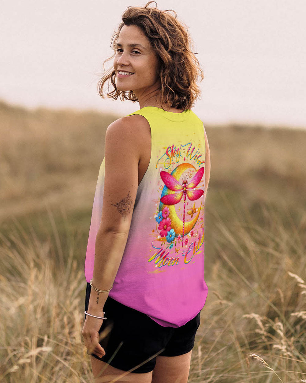 Stay Wild Moon Child Hippie Pink Yellow Dragonfly and Crescent Moon AOP Shirts _14_ 0kbiu