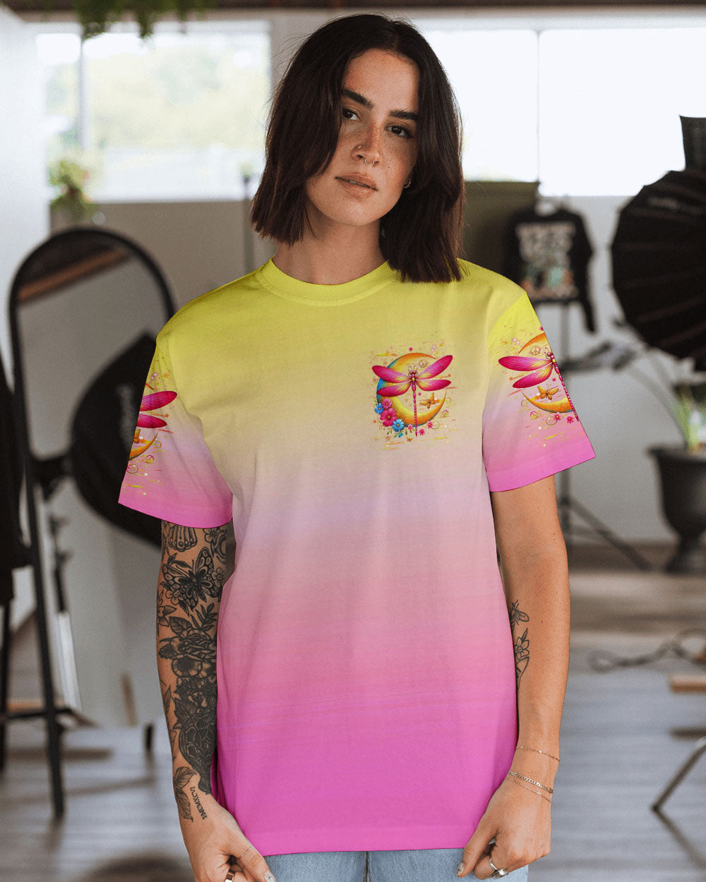 Stay Wild Moon Child Hippie Pink Yellow Dragonfly and Crescent Moon AOP Shirts _3_ Wug32