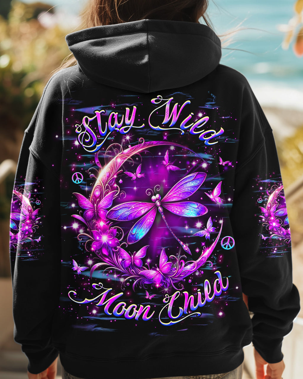 Stay Wild Moon Child Purple Dragonfly Butterfly Moon Galaxy AOP Shirts _1_ pWa5B