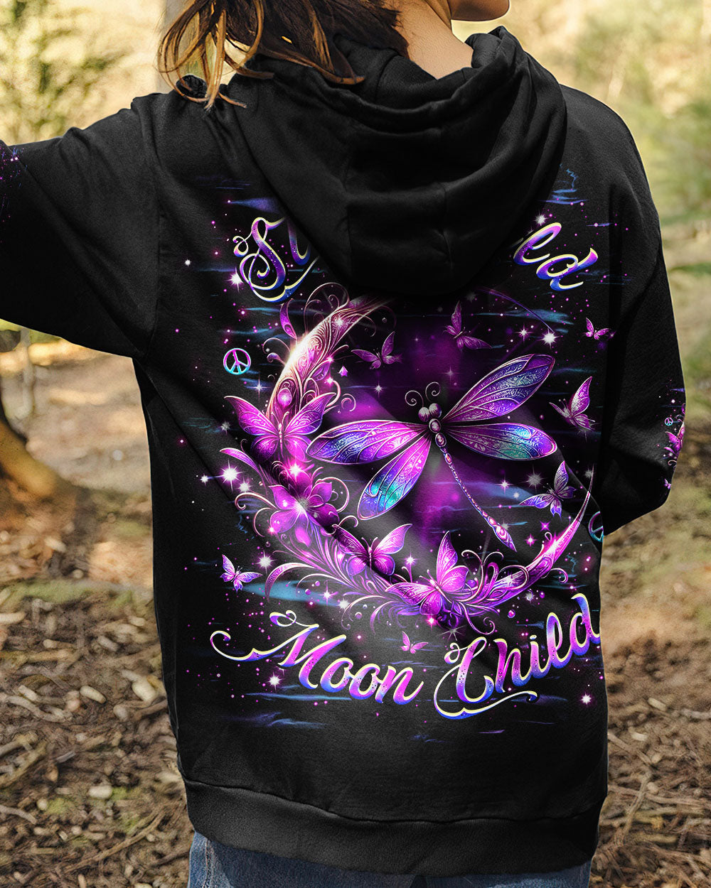 Stay Wild Moon Child Purple Dragonfly Butterfly Moon Galaxy AOP Shirts _8_ cTyFZ
