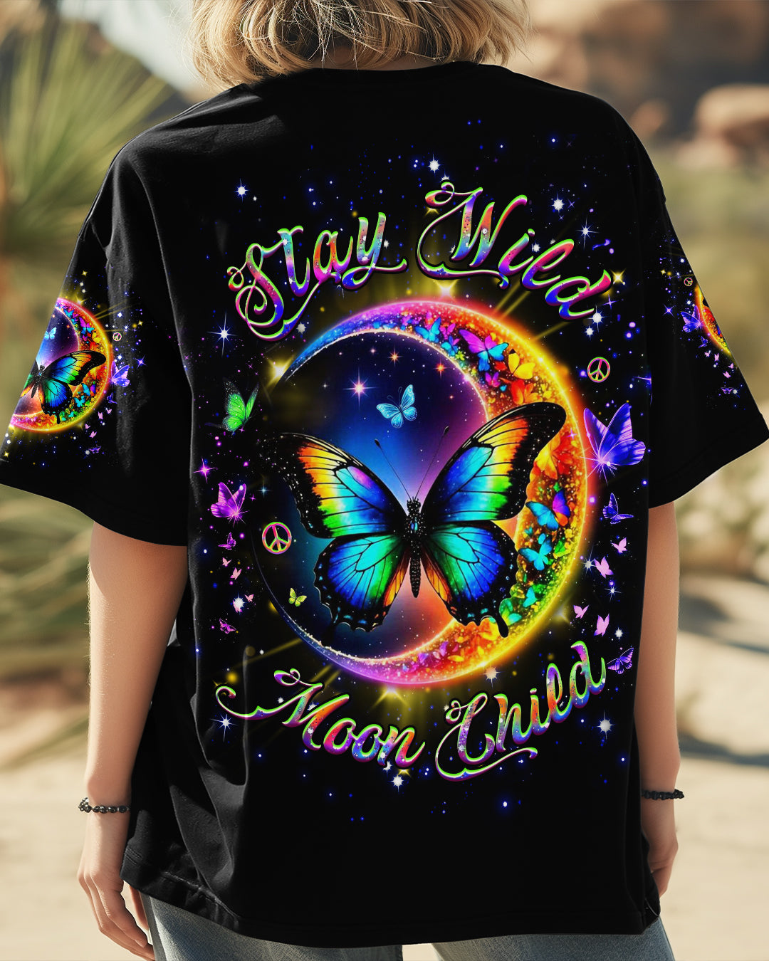 Stay Wild Moon Child Rainbow Butterfly and Moon Graphic Tee for Women AOP Shirts _3_ E2v3L