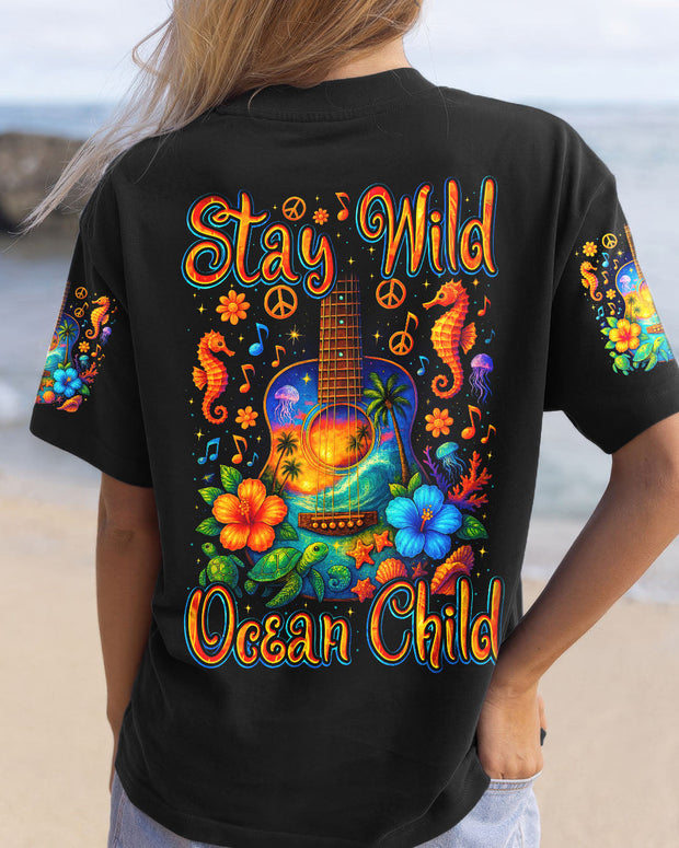 Stay Wild Ocean Child - Tropical Guitar & Sea Turtle Hippie Tee for Women - AOP Shirts