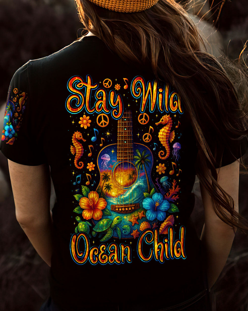 Stay Wild Ocean Child Tropical Guitar _26 Sea Turtle Hippie Tee for Women AOP Shirts _5_ Eezgn