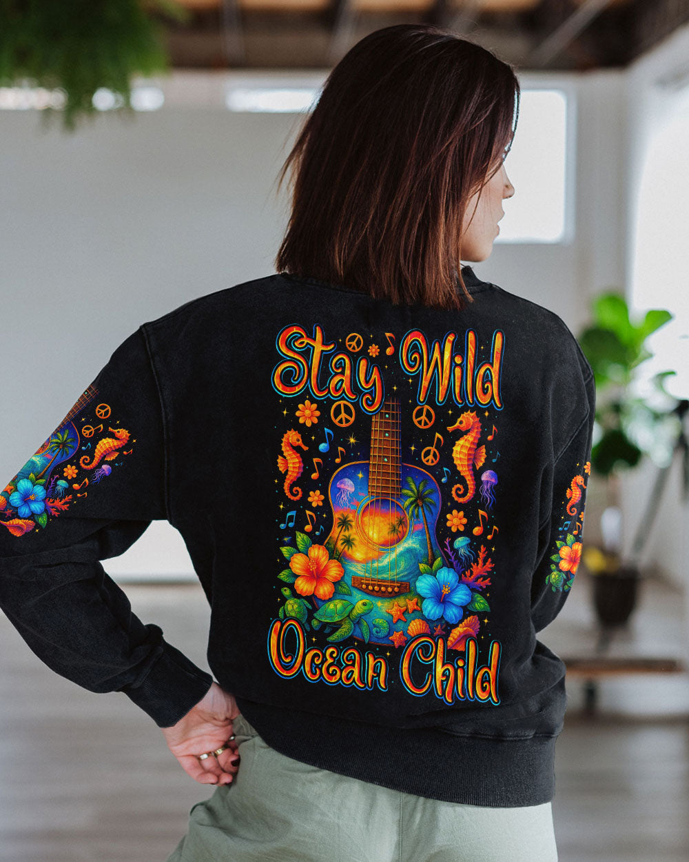 Stay Wild Ocean Child Tropical Guitar _26 Sea Turtle Hippie Tee for Women AOP Shirts _9_ Oidzt