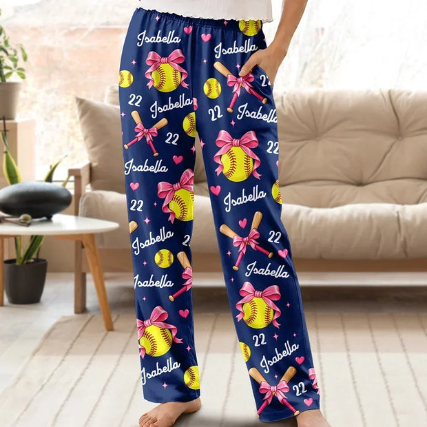 Coquette Bow Softball Player Softball Team Gift For Her, Kids - Personalized Pajama Pants