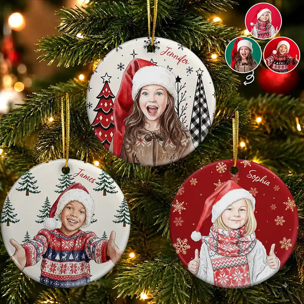 Custom Photo Watercolor Keepsake Christmas Gift For Kids - Personalized Circle Ceramic Ornament