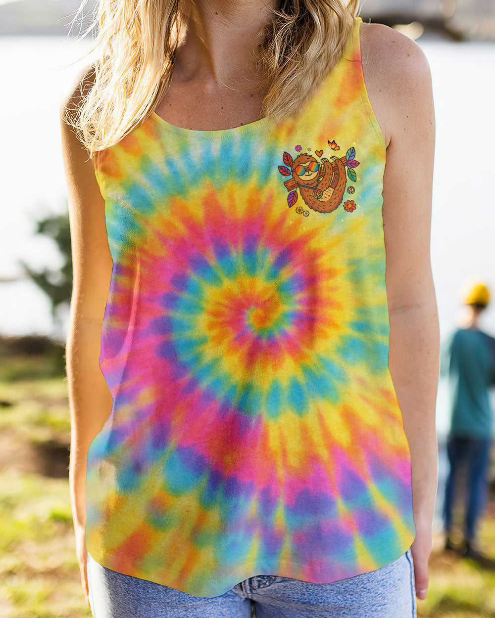 Take It Easy Sloth Peaceful Sloth with Tie Dye Flowers and Sunglasses Design AOP Shirts _10_ Ca7Mk