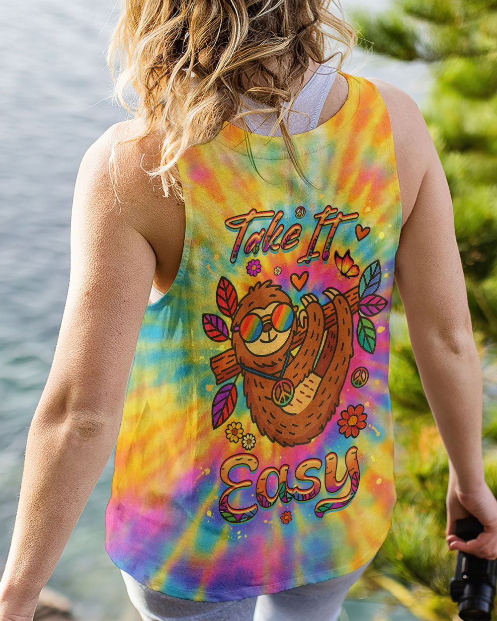 Take It Easy Sloth Peaceful Sloth with Tie Dye Flowers and Sunglasses Design AOP Shirts _11_ 4WHEt