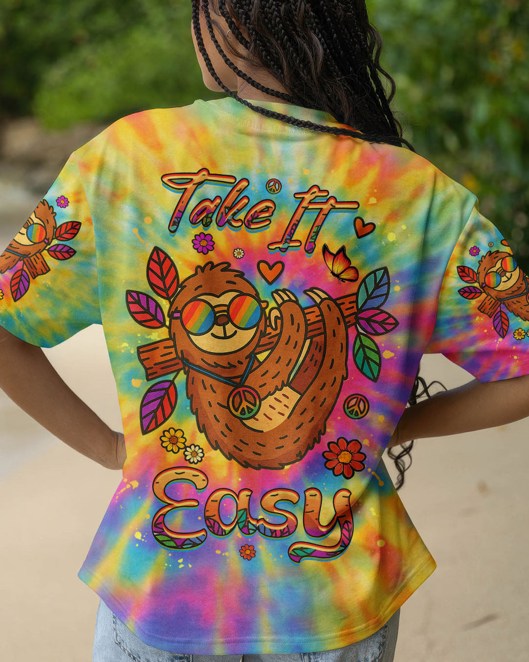 Take It Easy Sloth Peaceful Sloth with Tie Dye Flowers and Sunglasses Design AOP Shirts _12_ AcbRZ