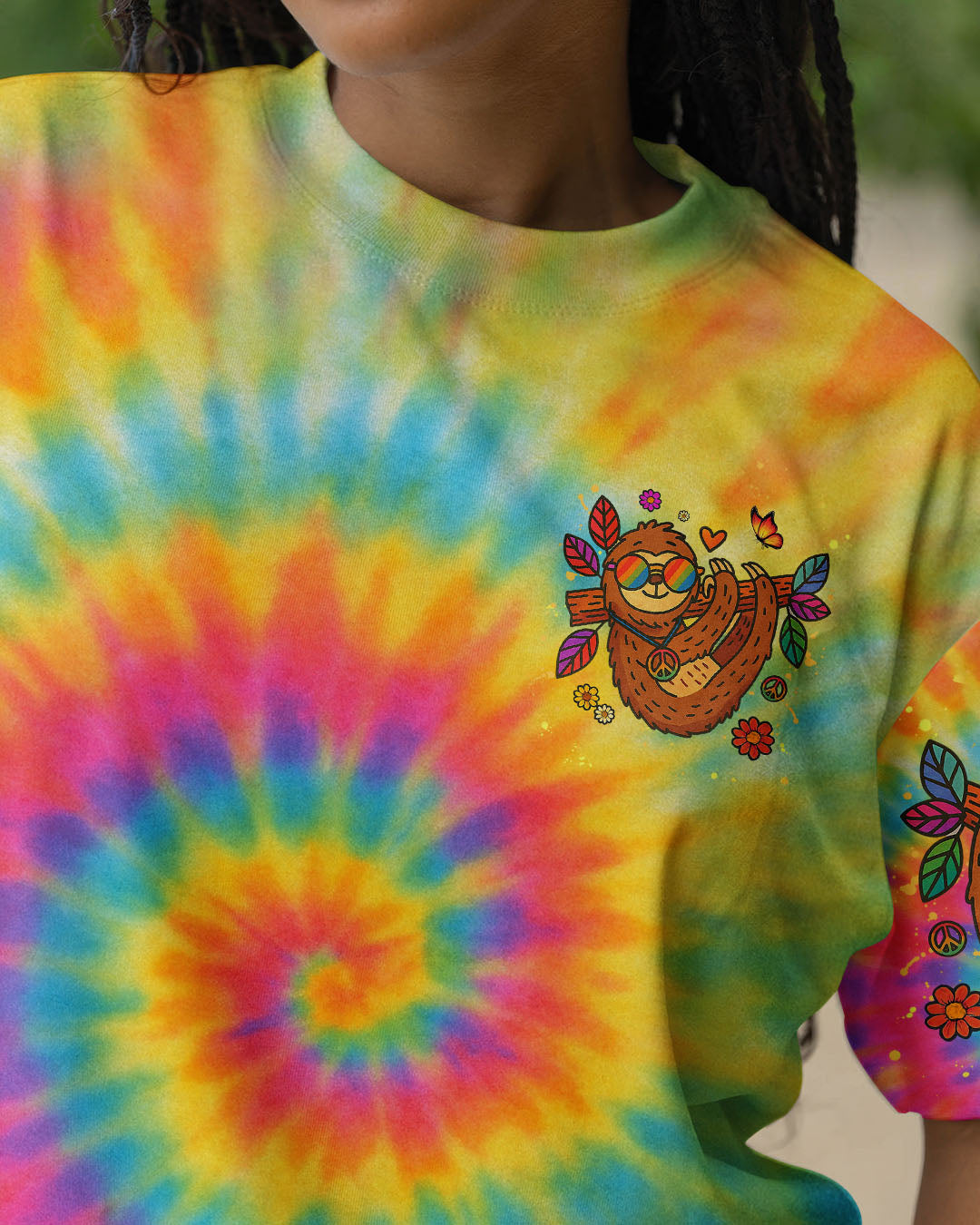Take It Easy Sloth Peaceful Sloth with Tie Dye Flowers and Sunglasses Design AOP Shirts _14_ DFkMS
