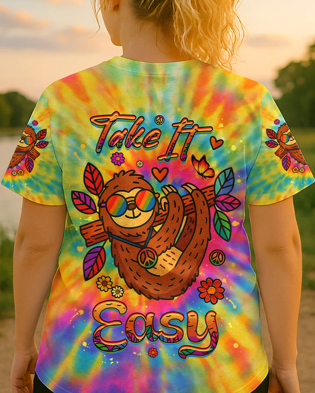 Take It Easy Sloth Peaceful Sloth with Tie Dye Flowers and Sunglasses Design AOP Shirts _1_ GAHMo