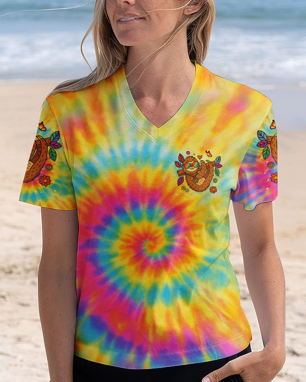 Take It Easy Sloth Peaceful Sloth with Tie Dye Flowers and Sunglasses Design AOP Shirts _2_ LqSyG