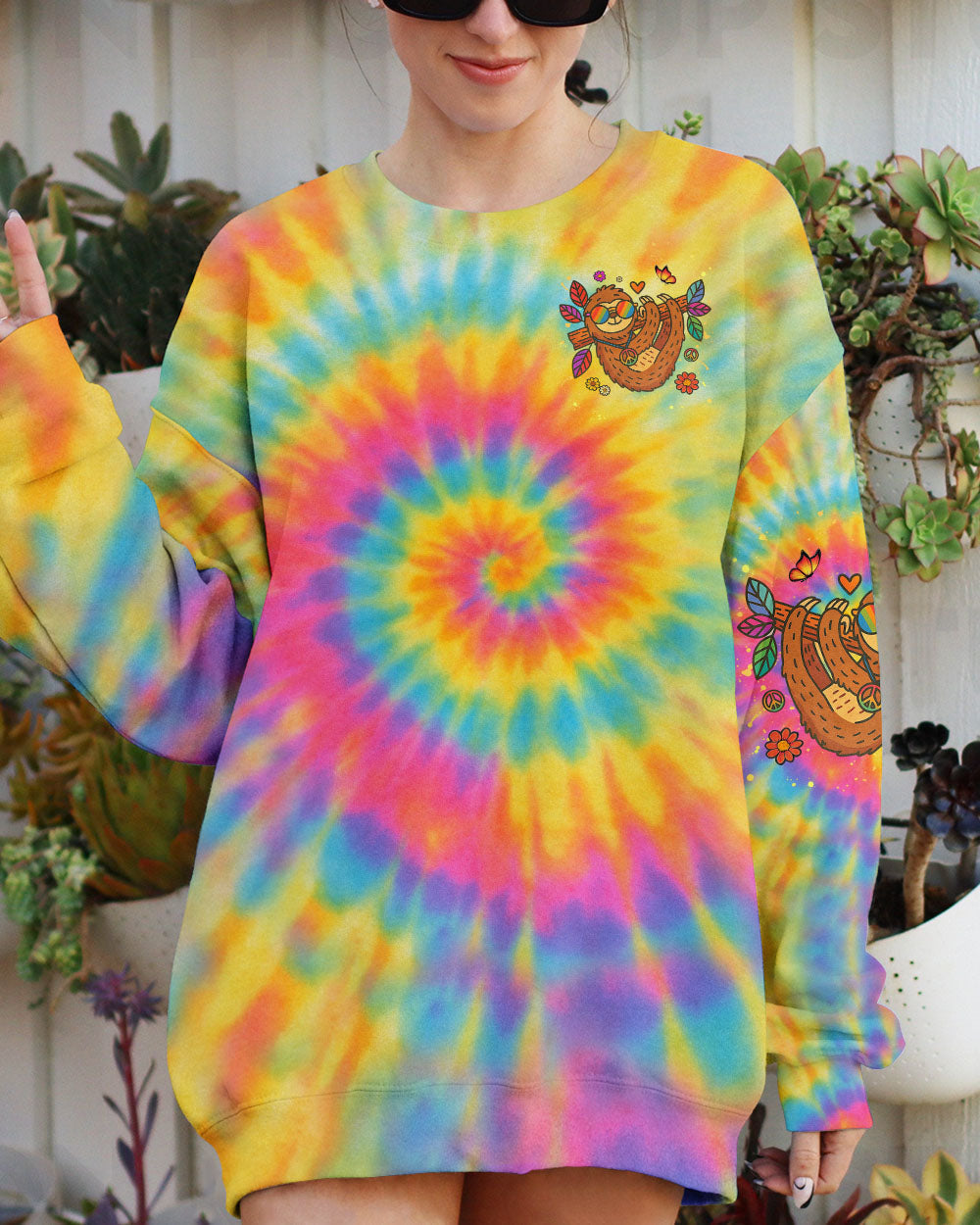 Take It Easy Sloth Peaceful Sloth with Tie Dye Flowers and Sunglasses Design AOP Shirts _6_ oIxHI