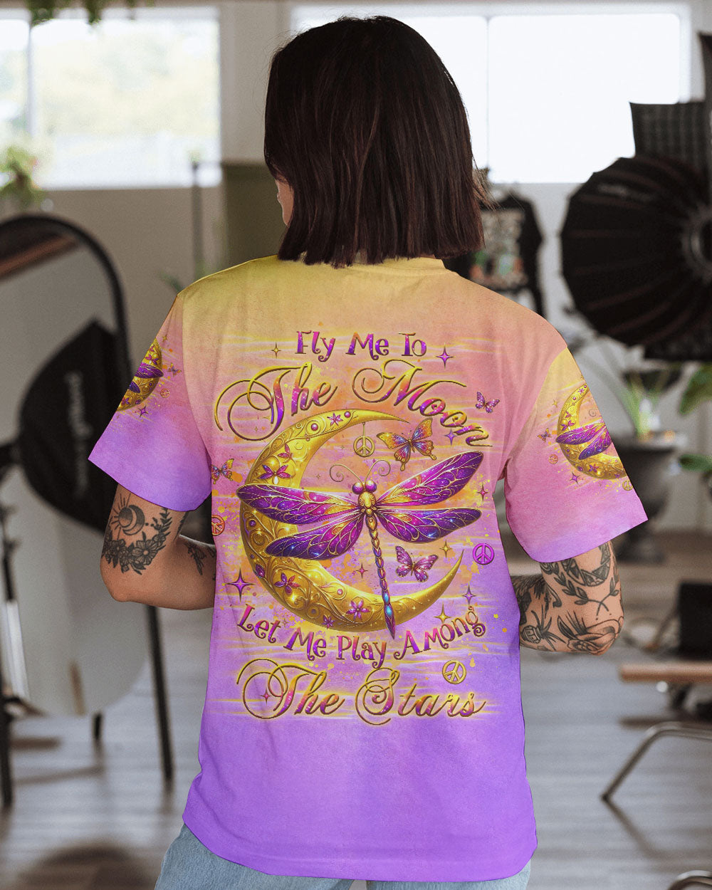 The Moon Let Me Play Among The Stars Moon and Dragonfly Vibrant Peace Graphic AOP Shirts _4_ I5Oip